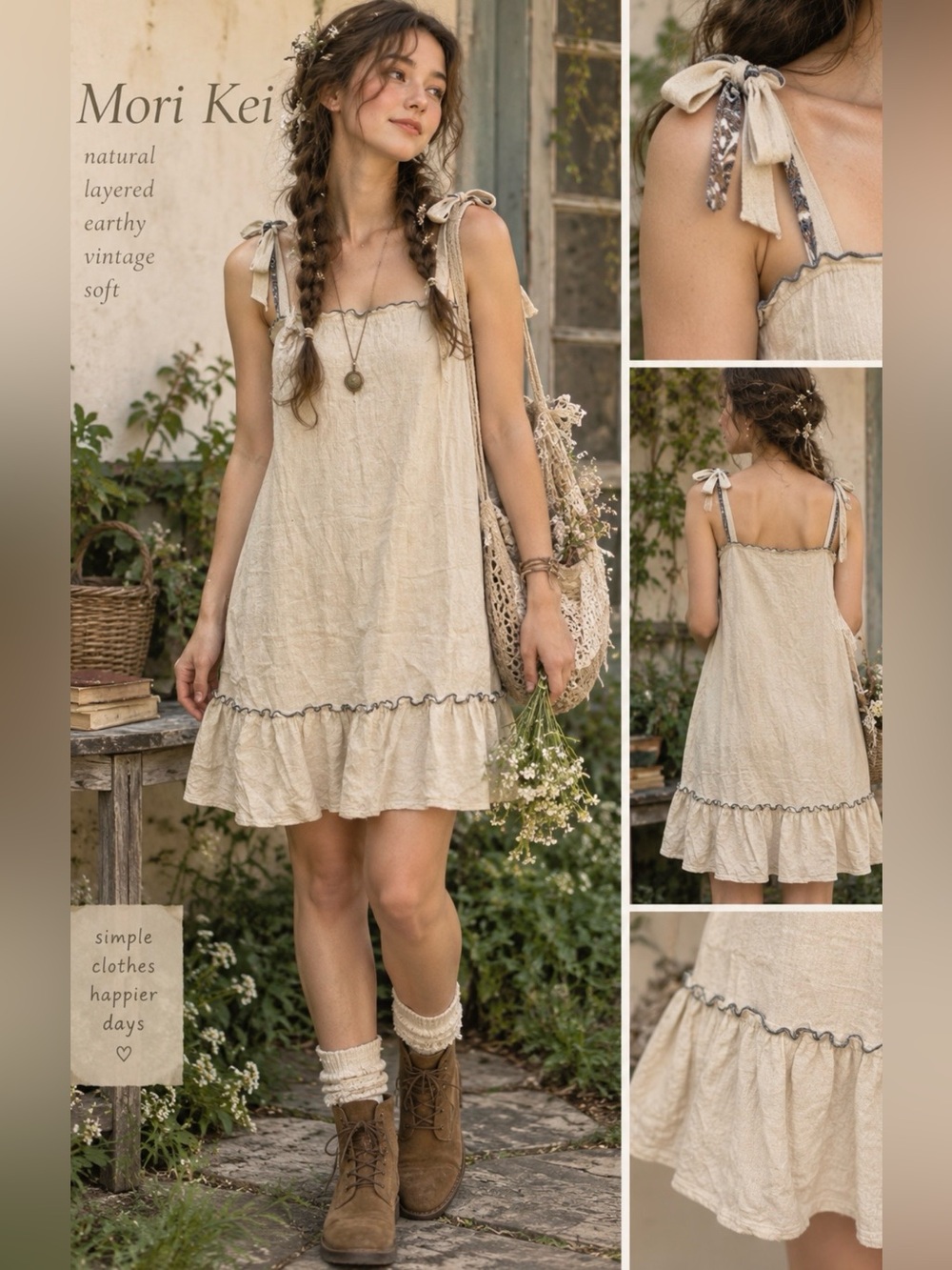 Hem & Thread Tunic Ruffle Trim Babydoll Sundress Tie Straps Oatmeal Boho Medium